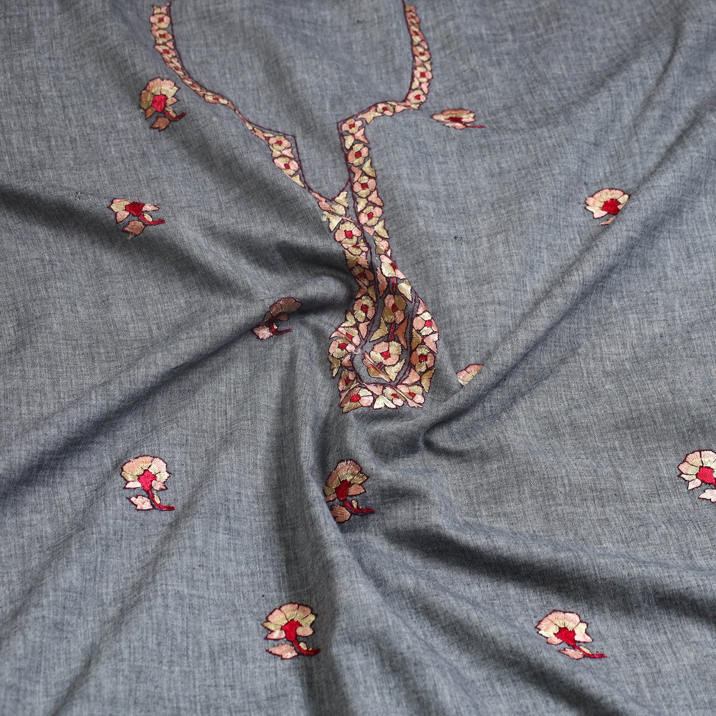 Grey - kashida hand embroidery cotton unstitched kurta