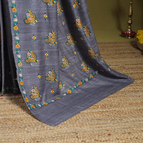 Grey - kashidakari hand embroidery ghicha tussar silk saree