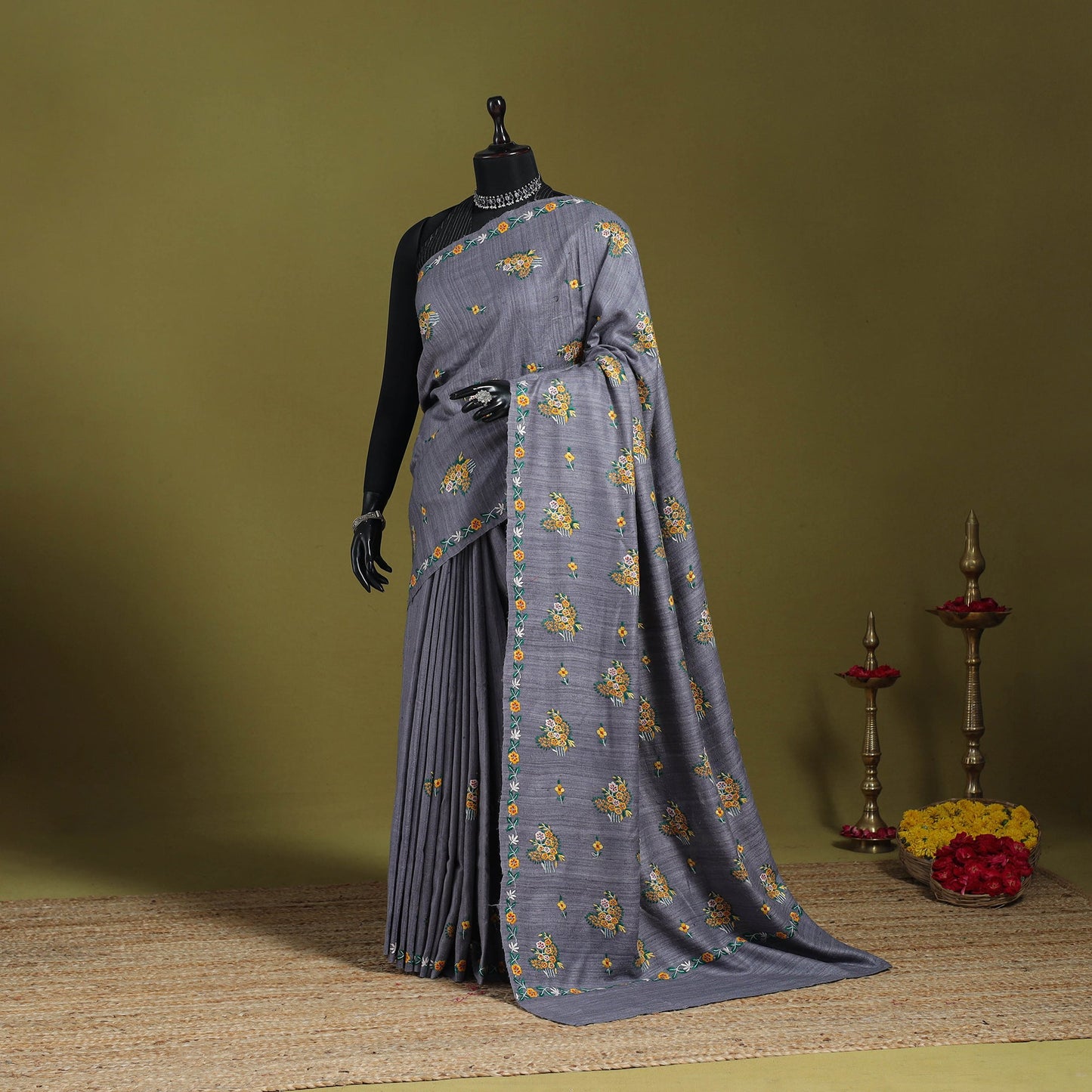 Grey - kashidakari hand embroidery ghicha tussar silk saree