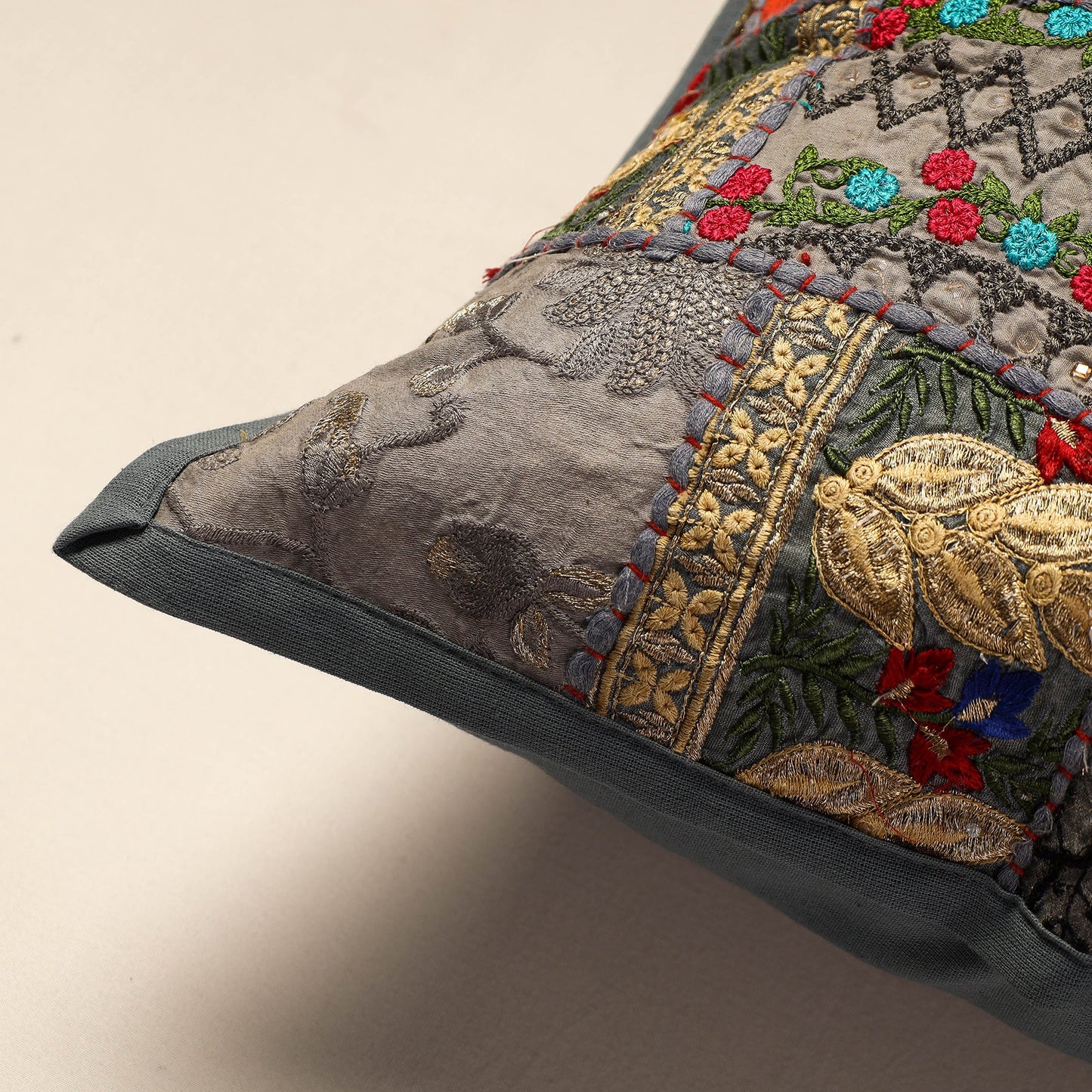 Buy Grey Khambadiya Patchwork Cotton Cushion Cover