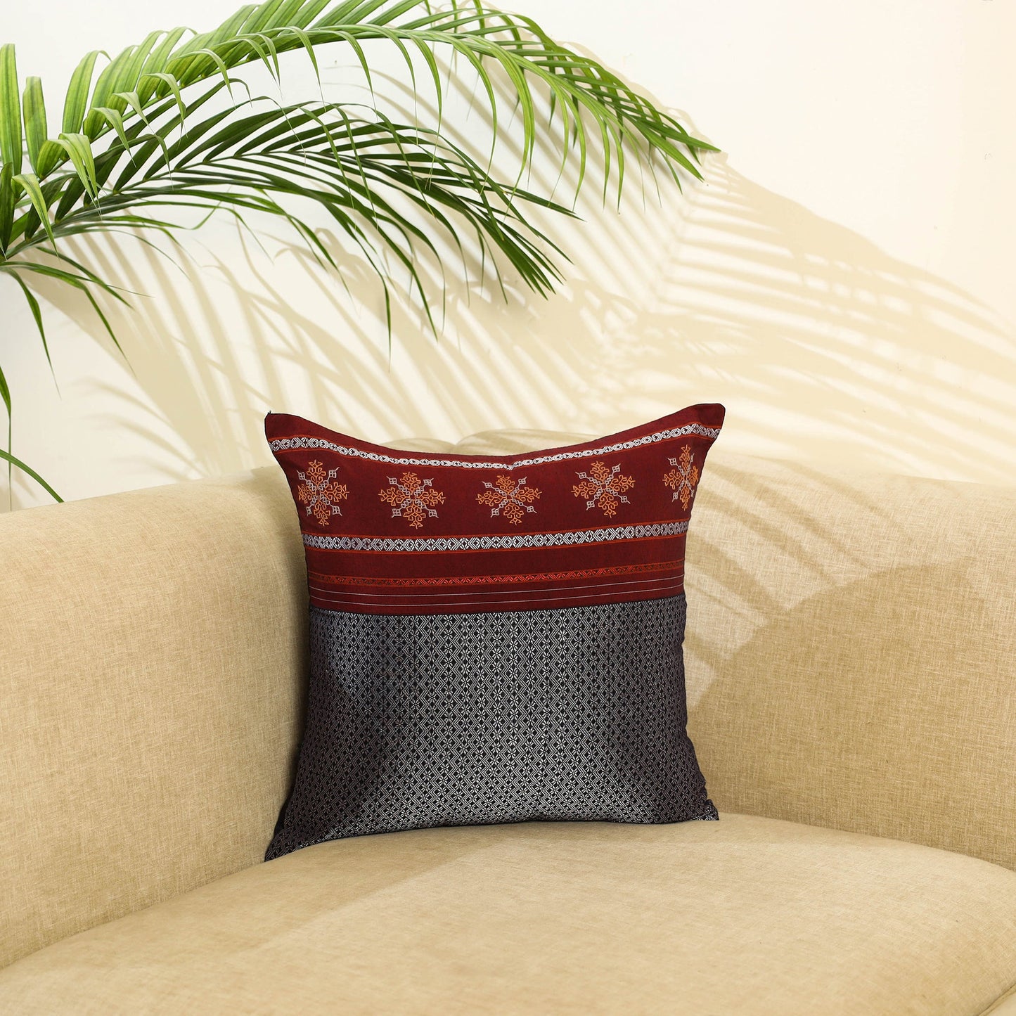 Grey Khun Cotton Gavanti Kasuti Hand Embroidery Cushion Cover