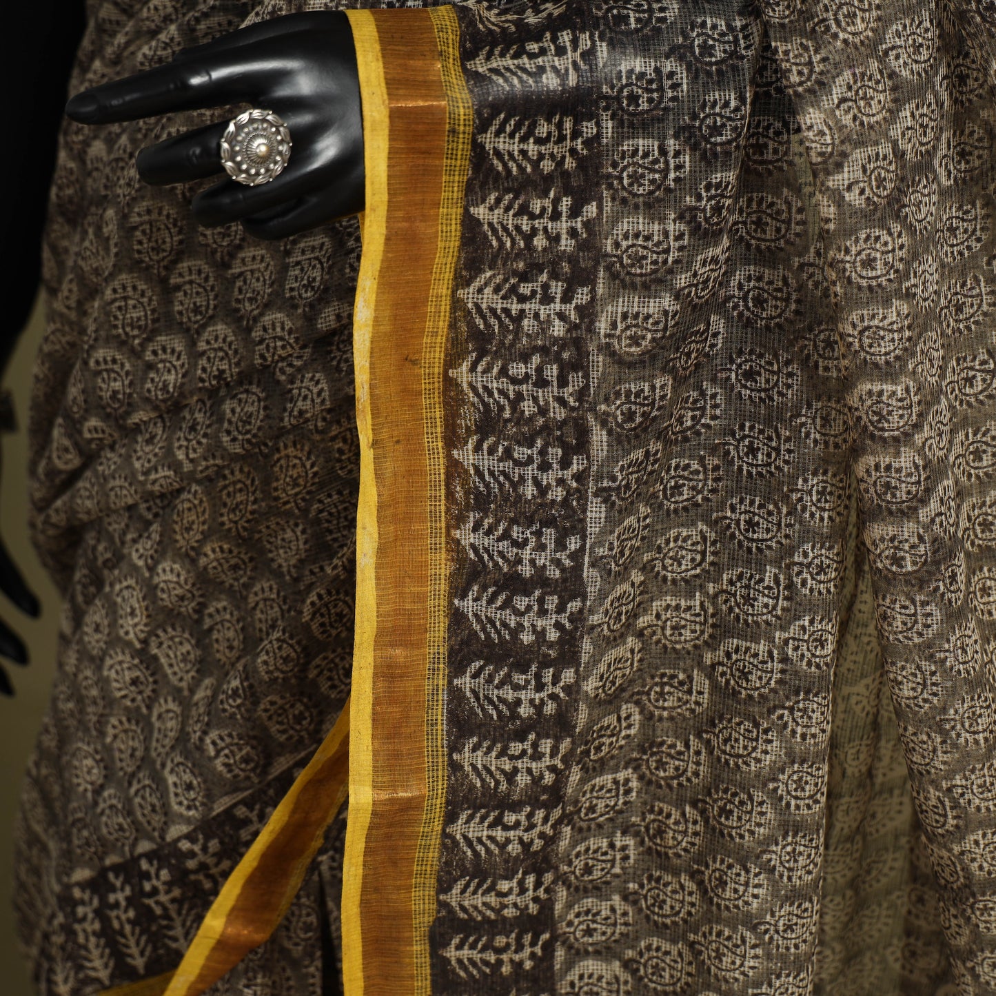 Grey - kota doria cotton bagru saree 22 - handcrafted