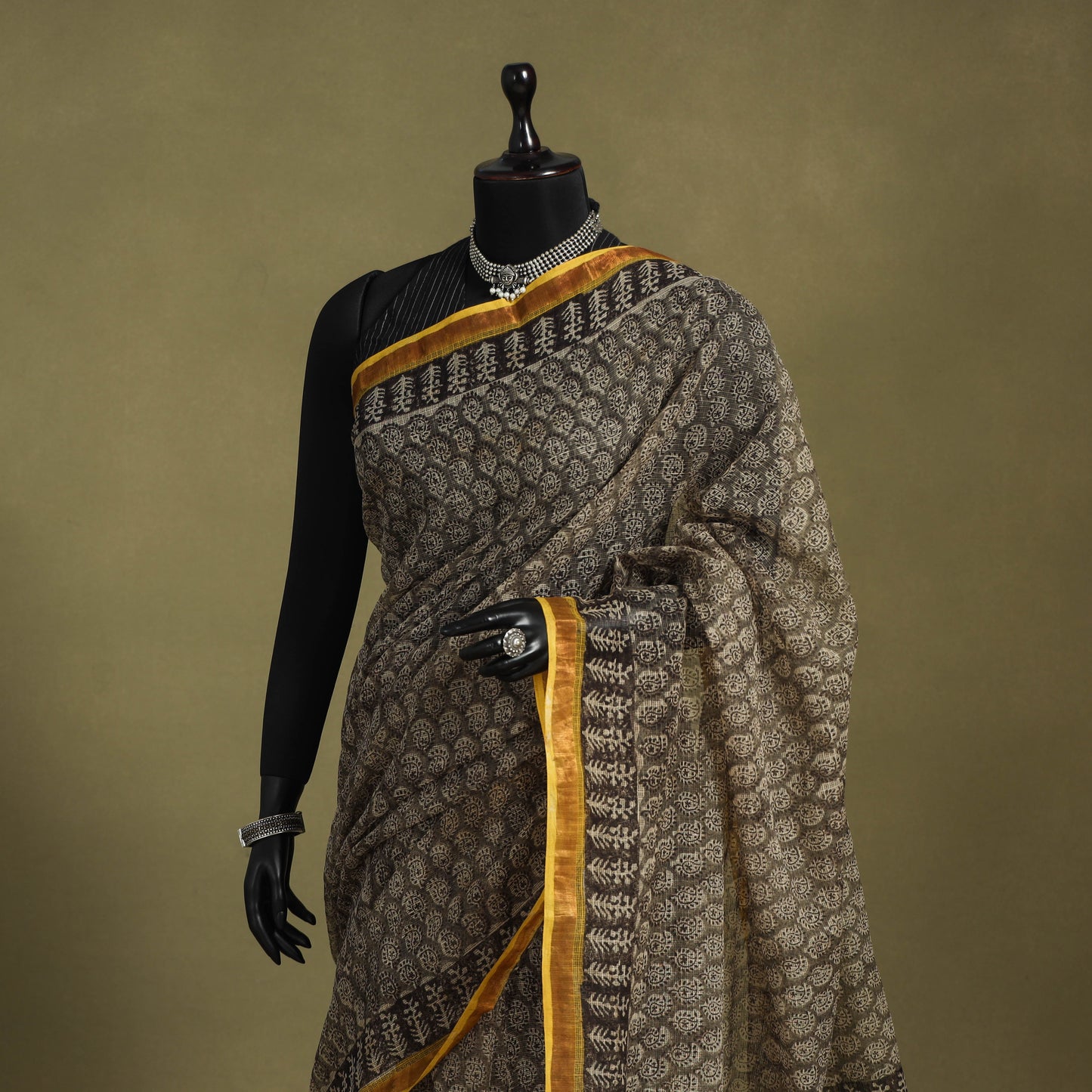 Grey - kota doria cotton bagru saree 22 - handcrafted