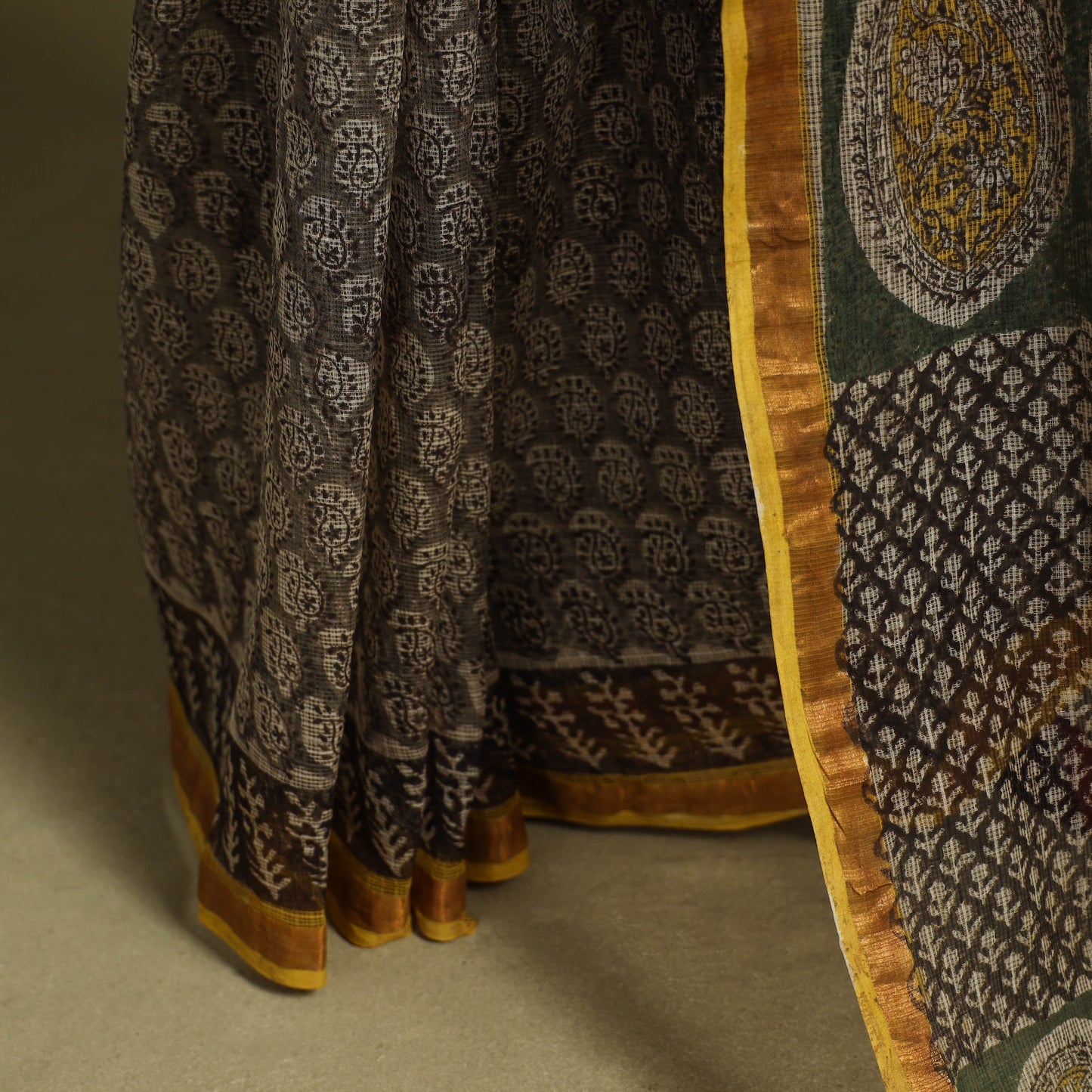 Grey - kota doria cotton bagru saree 22 - handcrafted