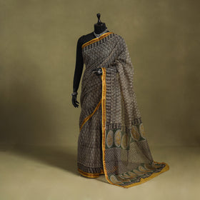 Grey - kota doria cotton bagru saree 22 - handcrafted