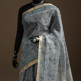 Grey - kota doria cotton sanganeri saree 09 - handcrafted