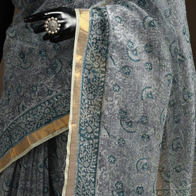 Grey - kota doria cotton sanganeri saree 09 - handcrafted