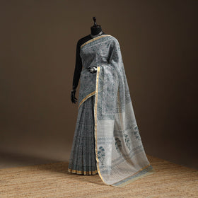 Grey - kota doria cotton sanganeri saree 09 - handcrafted