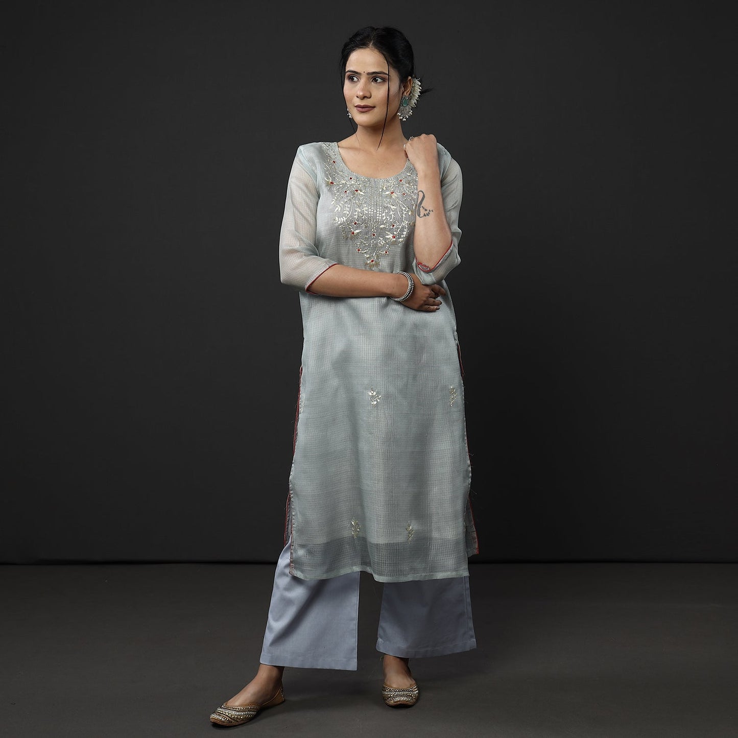 Buy Kota Doria Pure Silk Kurta with Palazzo & Dupatta Set Online at iTokri.com