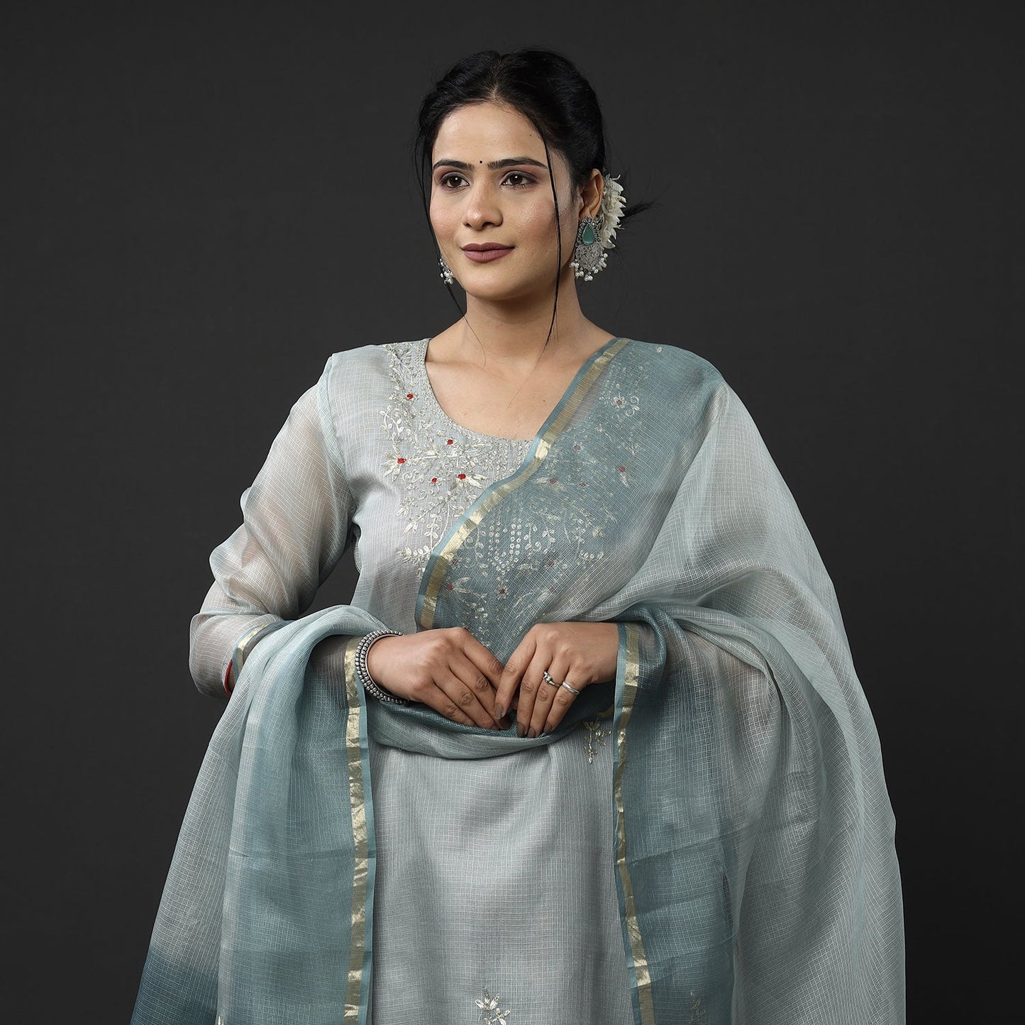 Buy Kota Doria Pure Silk Kurta with Palazzo & Dupatta Set Online at iTokri.com