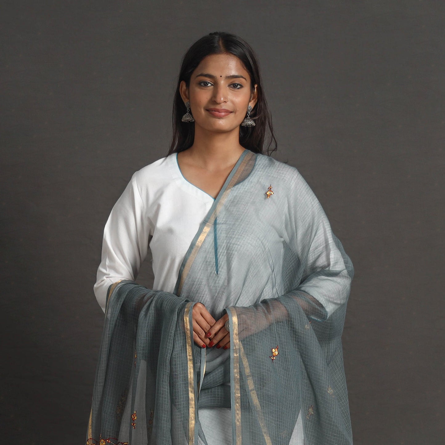 Grey - kota doria silk cotton kashida embroidery dupatta 36