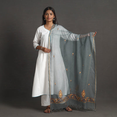 Grey - kota doria silk cotton kashida embroidery dupatta 36