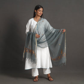 Grey - kota doria silk cotton kashida embroidery dupatta 36