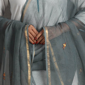 Grey - kota doria silk cotton kashida embroidery dupatta 36