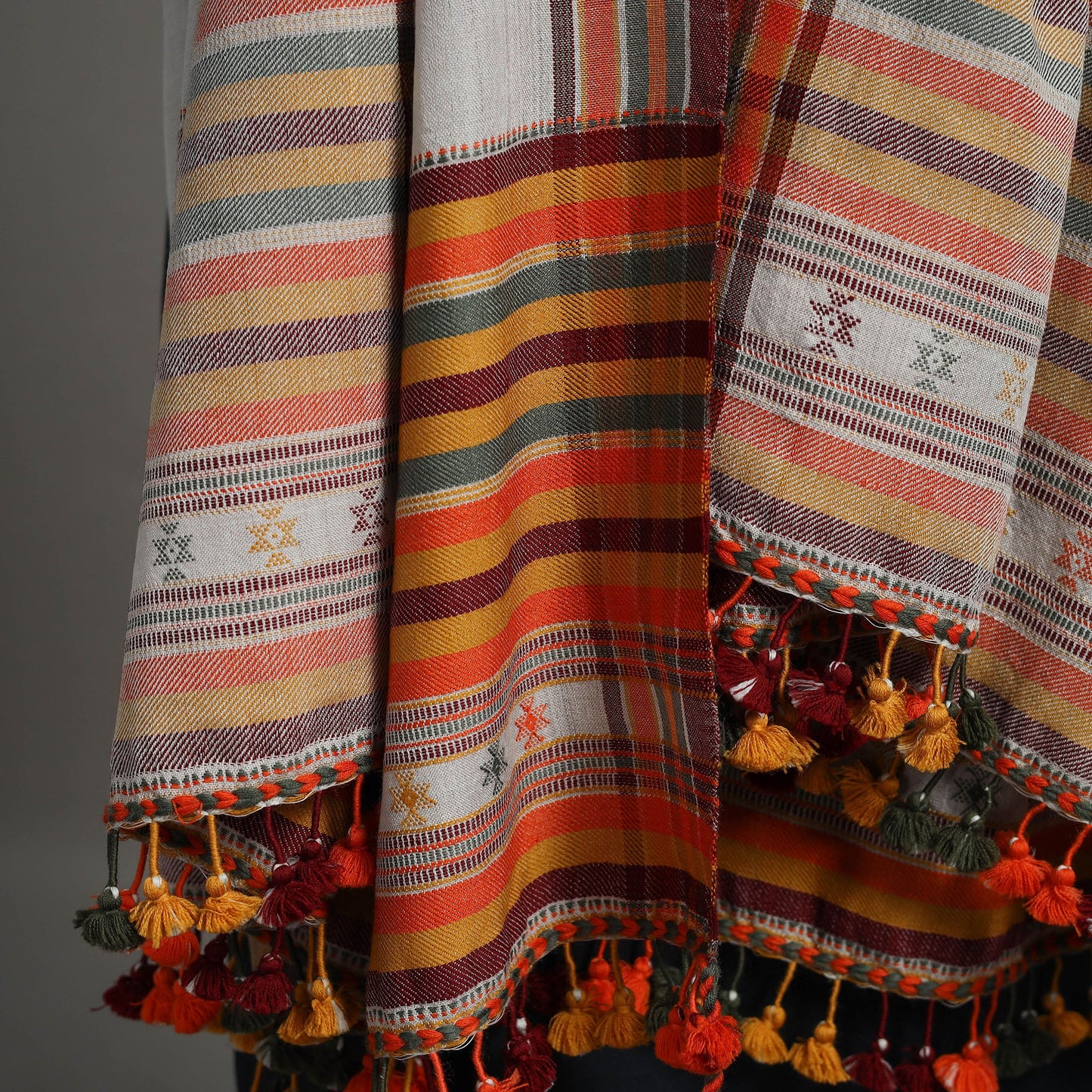 Grey - Kutch Embroidery Mirror Work Handwoven Woolen Shawl 02