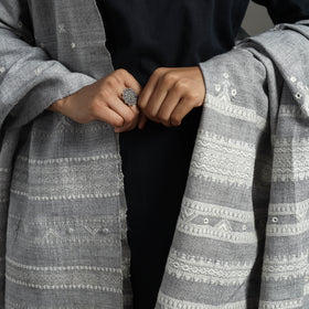  Grey Kutch Handwoven Mirror Work Woollen Shawl 