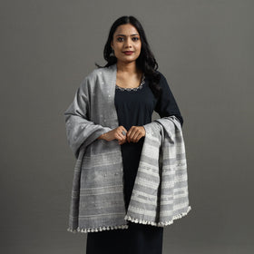 Grey Kutch Handwoven Mirror Work Woollen Shawl 