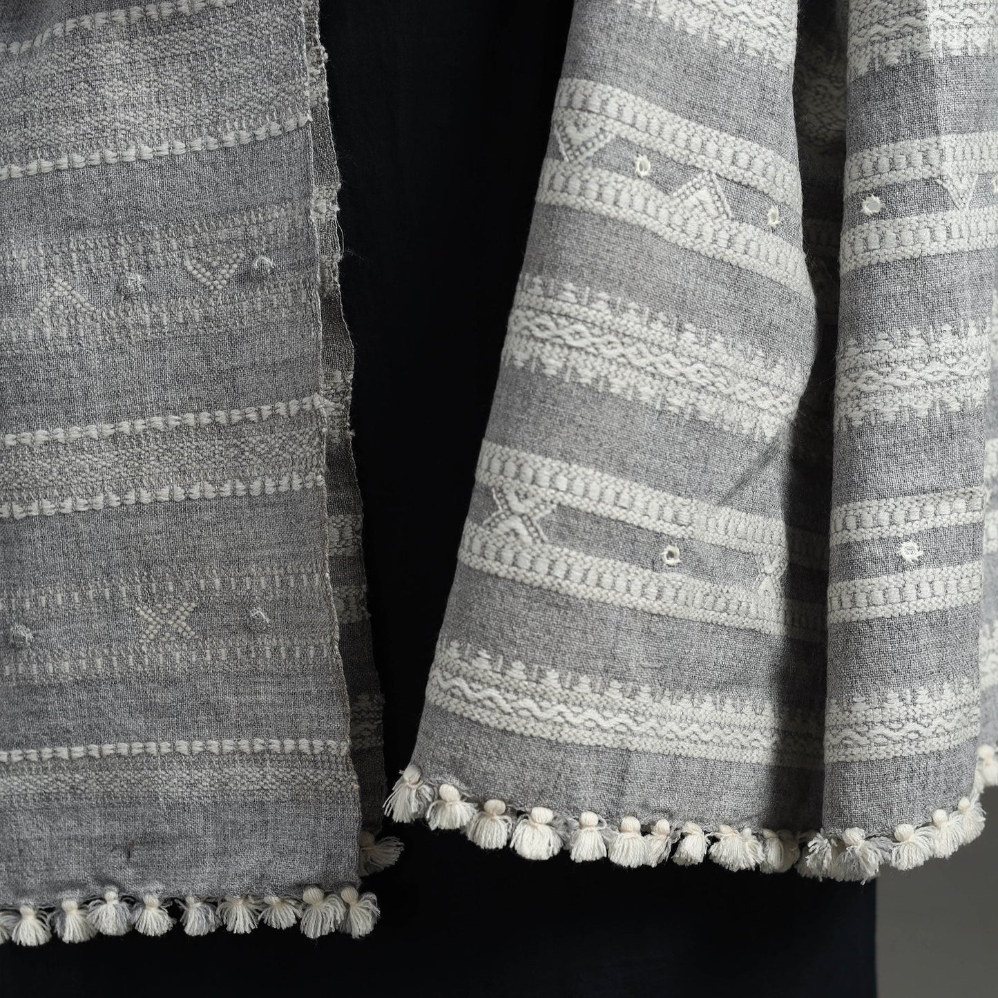  Grey Kutch Handwoven Mirror Work Woollen Shawl 