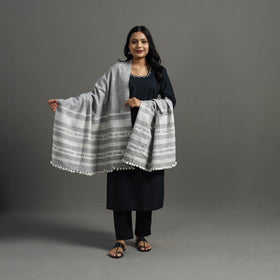  Grey Kutch Handwoven Mirror Work Woollen Shawl 