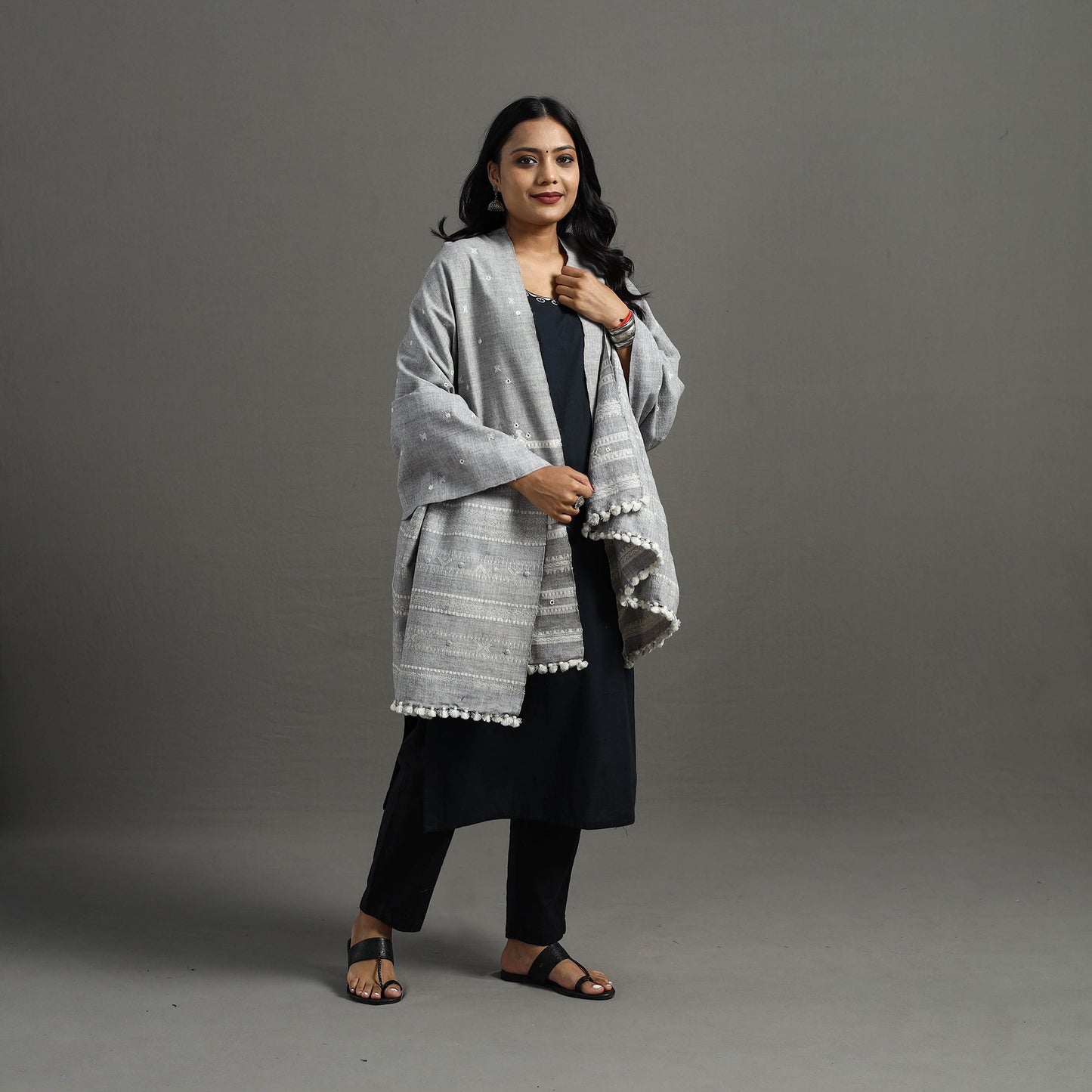  Grey Kutch Handwoven Mirror Work Woollen Shawl 