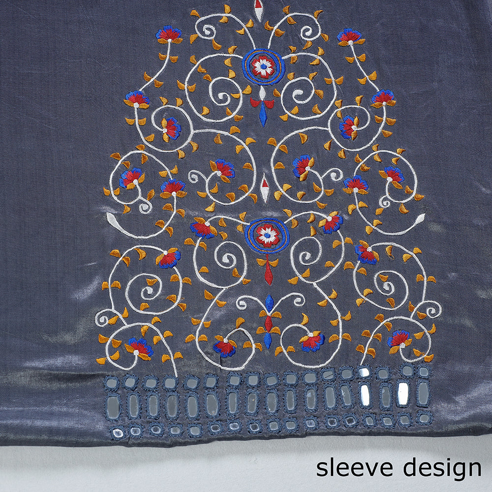 Grey - Kutch Mirror Work Mashru Silk Blouse Piece