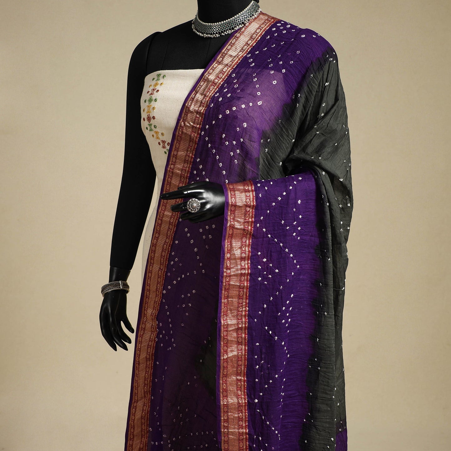 Grey - kutch tie-dye cotton bandhani dupatta with border 41