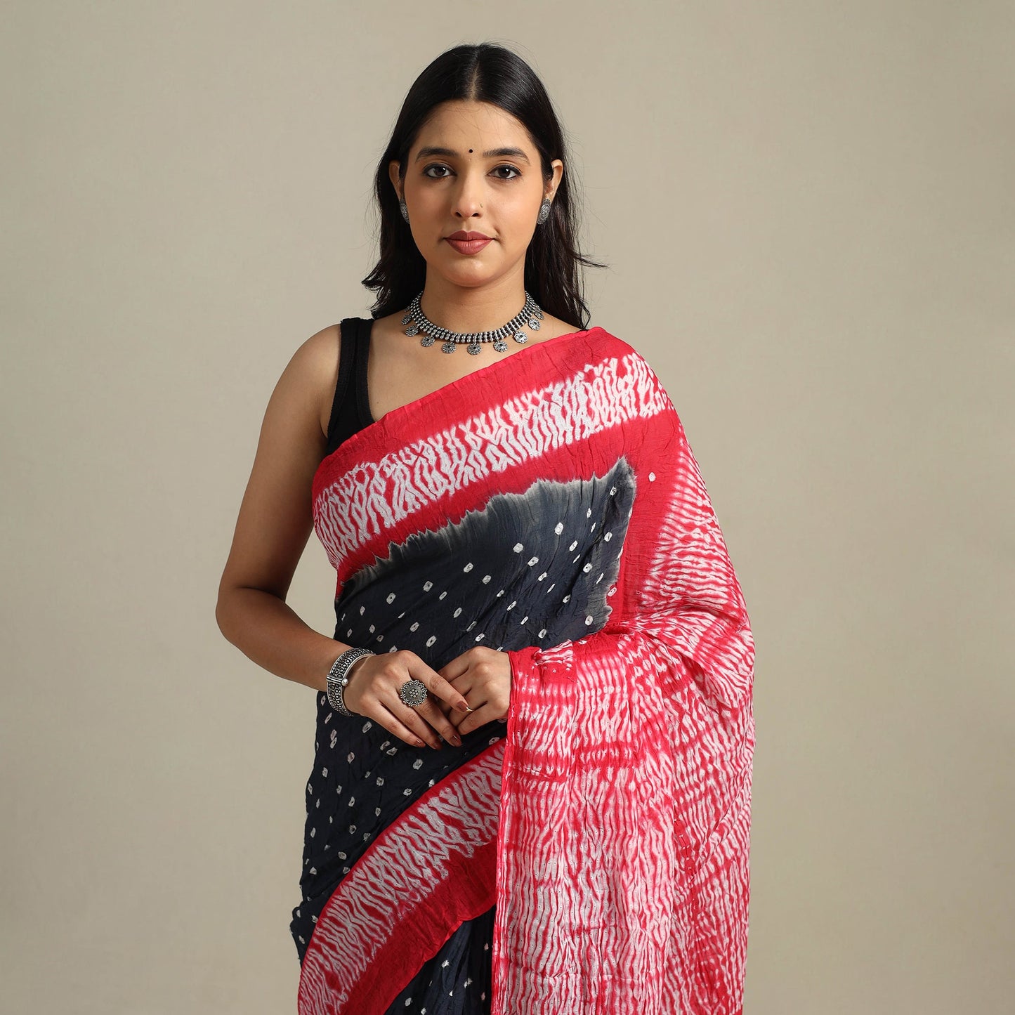 Grey - kutch tie-dye cotton bandhani saree 88 - handcrafted