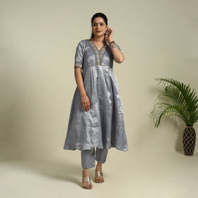 Grey Lace Work Fine Tissue Zari Plain Anarkali Kurta Set for Women