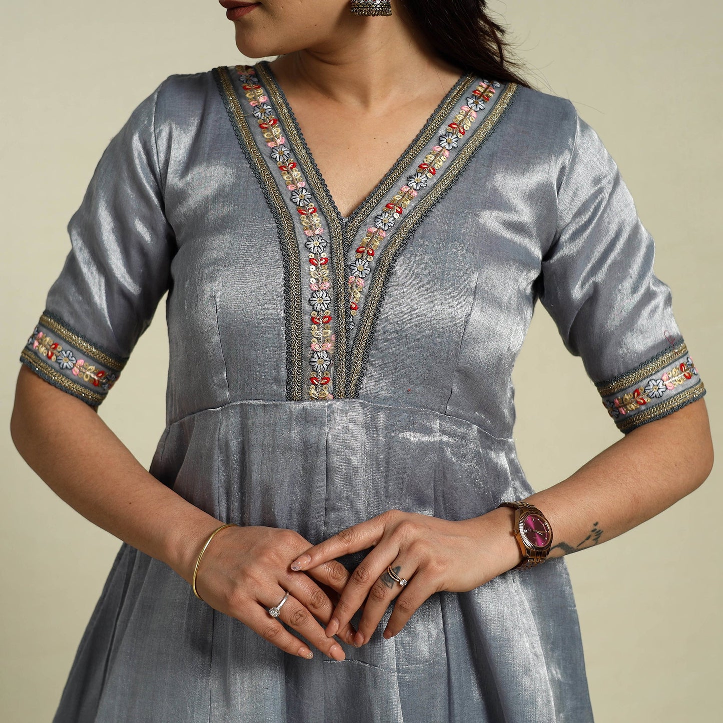 Grey Lace Work Fine Tissue Zari Plain Anarkali Kurta Set for Women