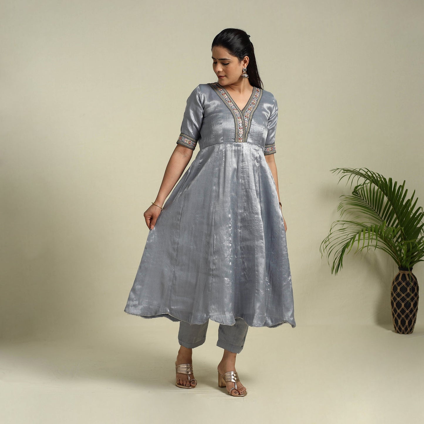 Grey Lace Work Fine Tissue Zari Plain Anarkali Kurta Set for Women