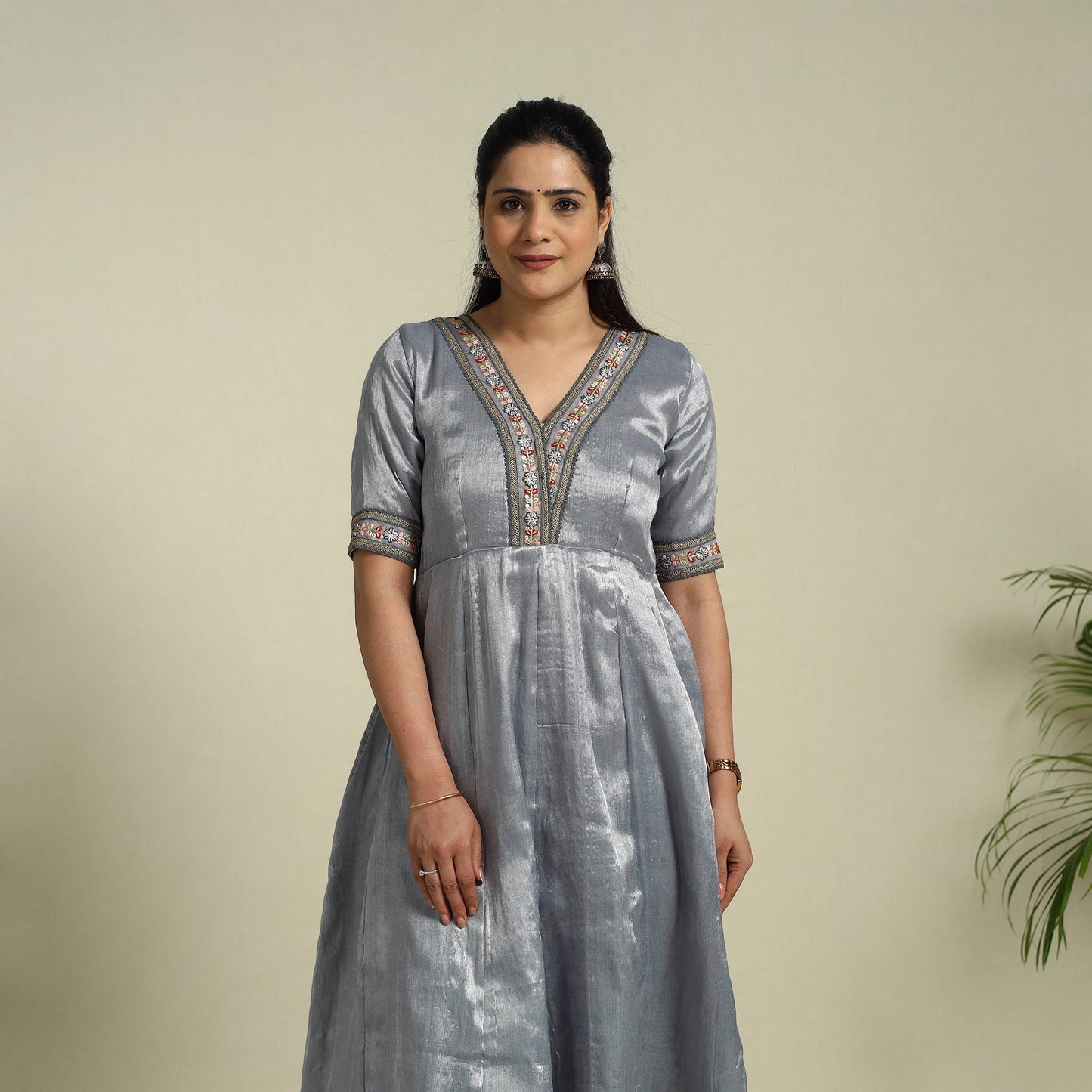Grey Lace Work Fine Tissue Zari Plain Anarkali Kurta Set for Women