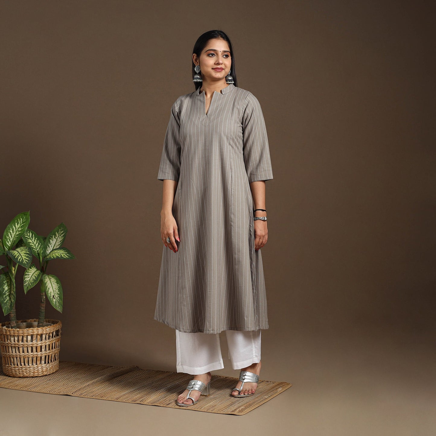 Grey A-Line Cotton Jacquard Kurta