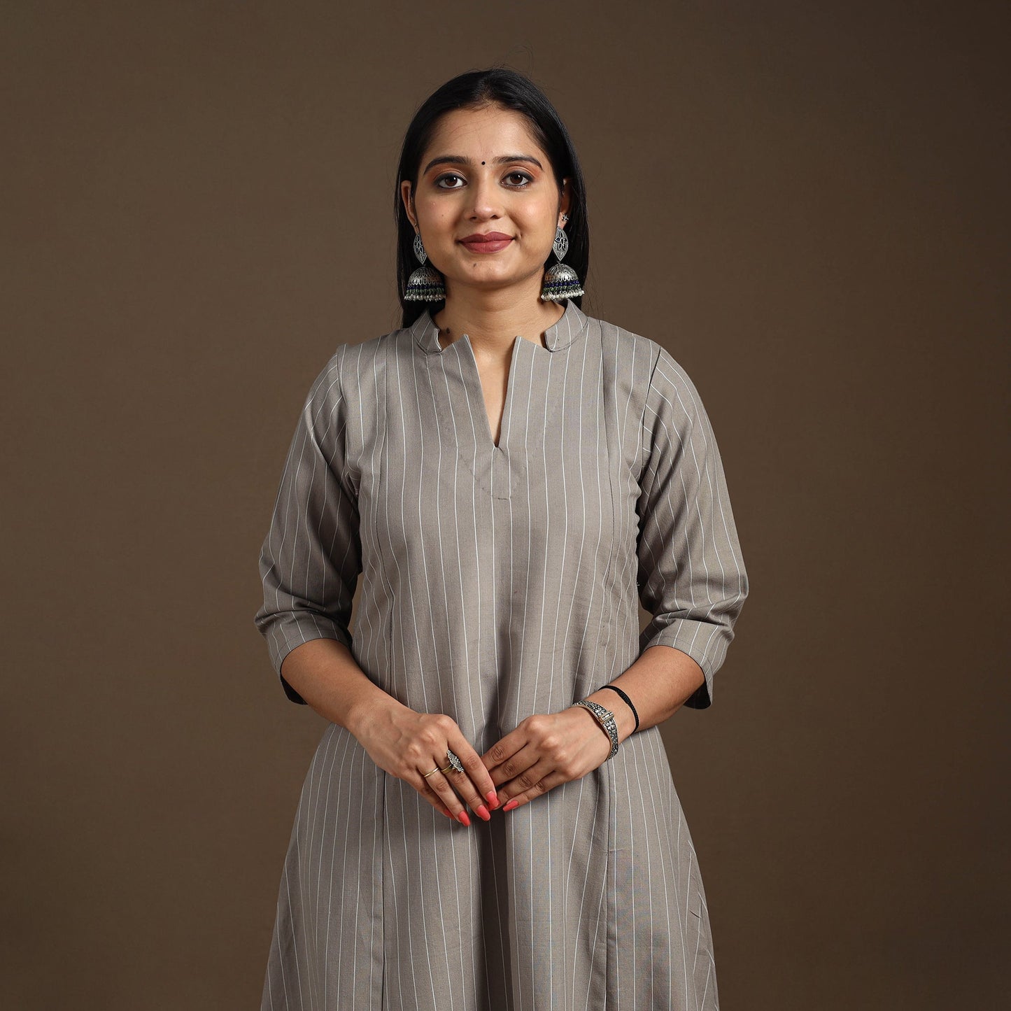 Grey A-Line Cotton Jacquard Kurta