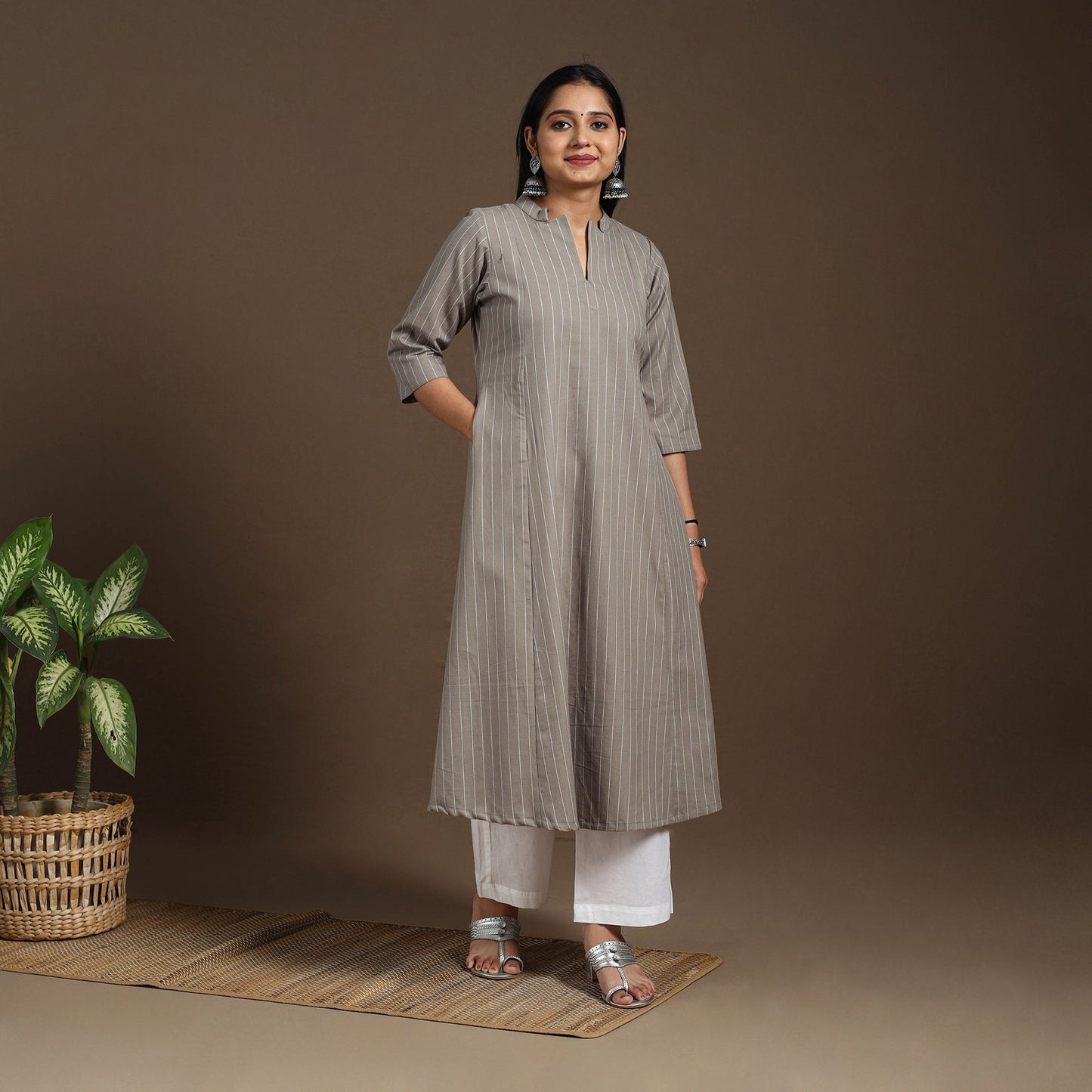 Grey A-Line Cotton Jacquard Kurta