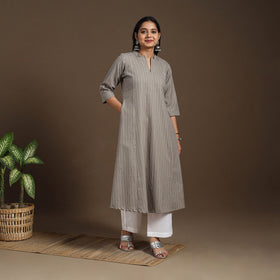 Grey A-Line Cotton Jacquard Kurta