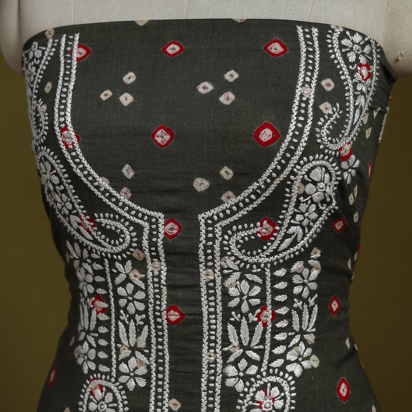 Lucknowi chikankari work bandhani unstitched kurta material