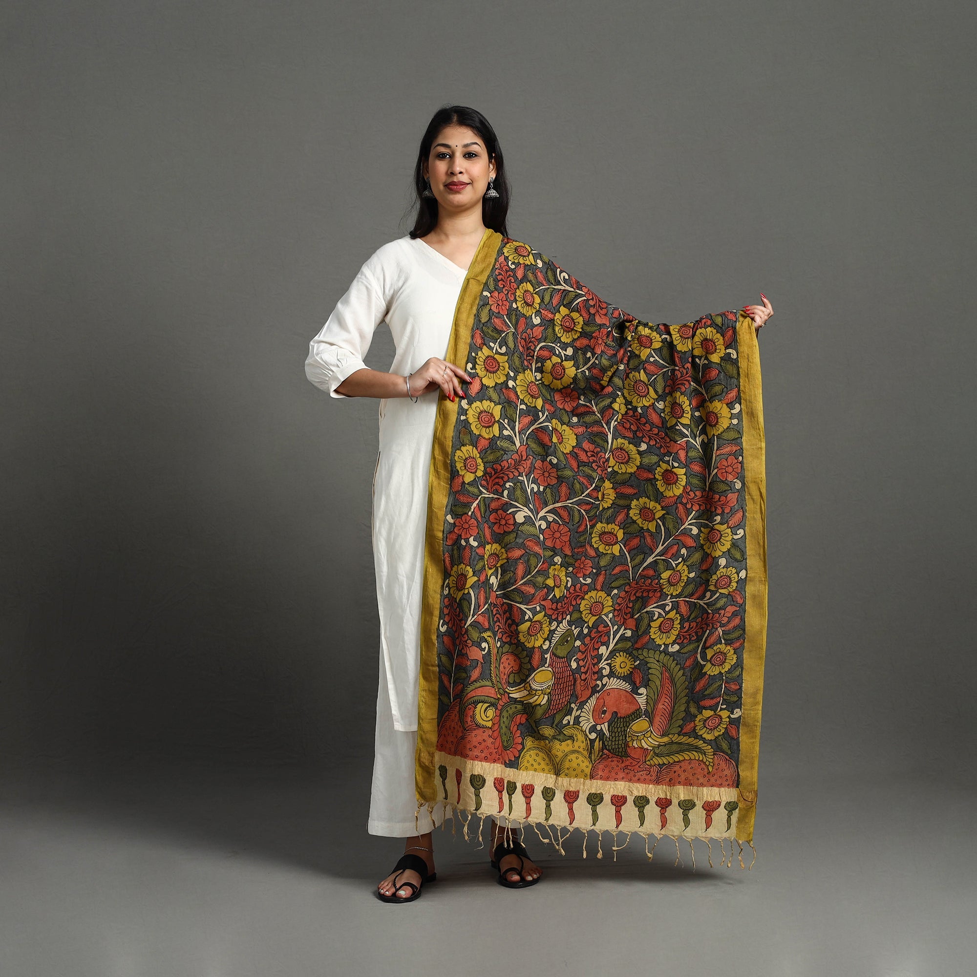 Brown - Mangalagiri Cotton Handpainted Pen Work Kalamkari Dupatta 03
