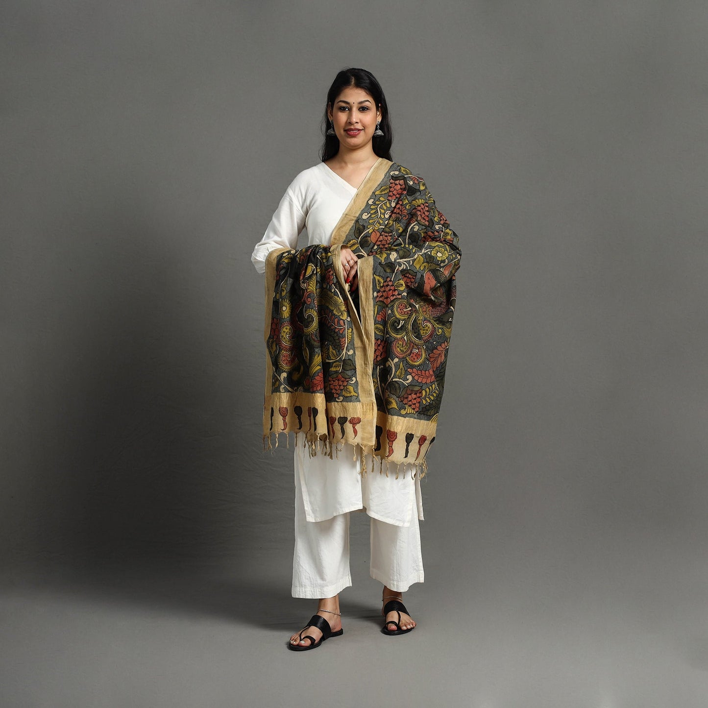 Grey - mangalagiri cotton handpainted pen work kalamkari