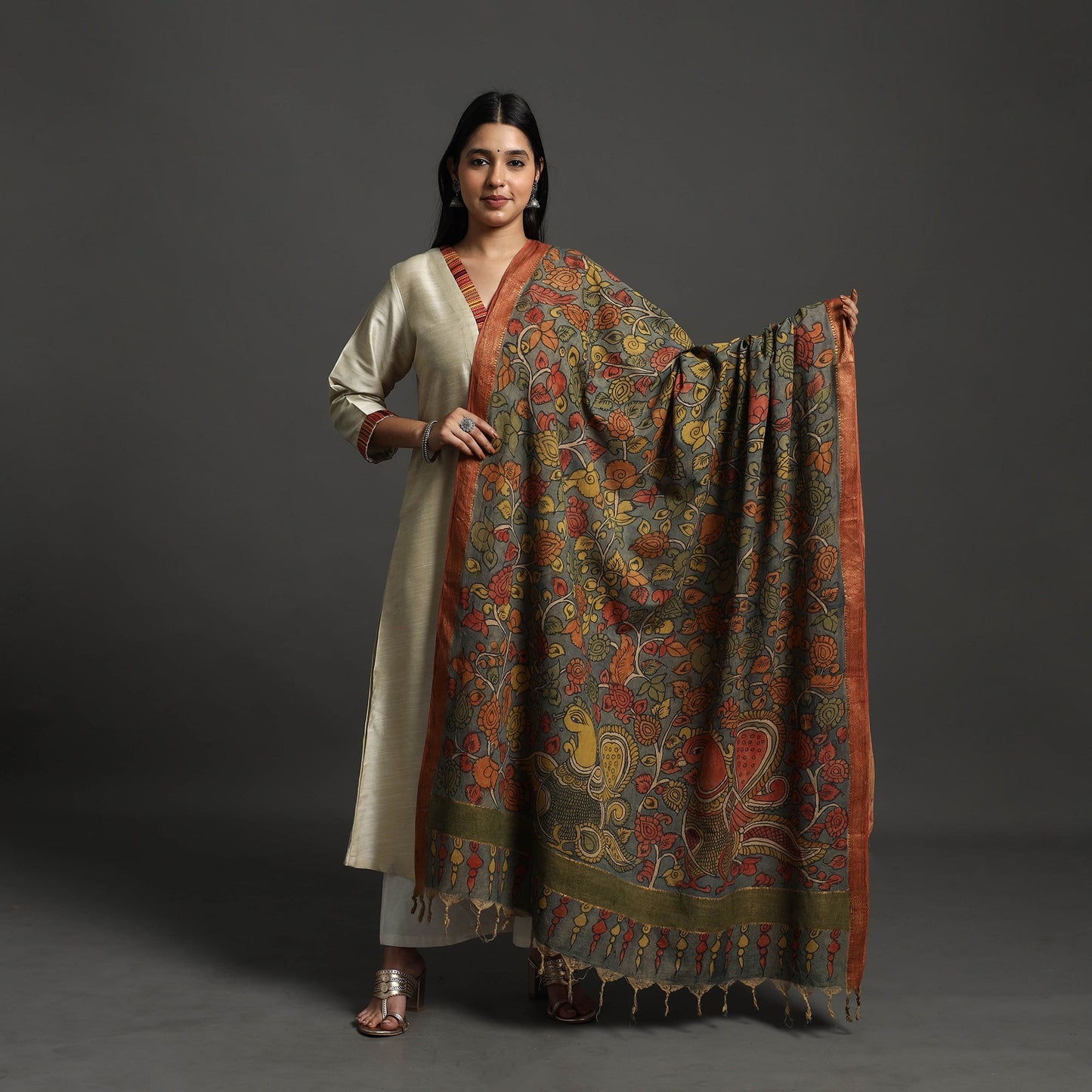 Grey - mangalagiri cotton handpainted pen work kalamkari