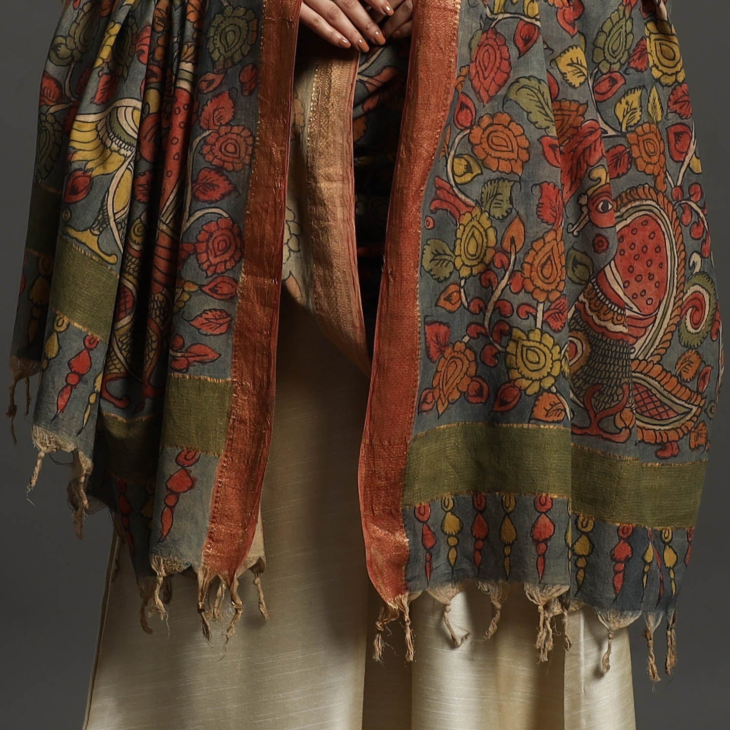 Grey - mangalagiri cotton handpainted pen work kalamkari