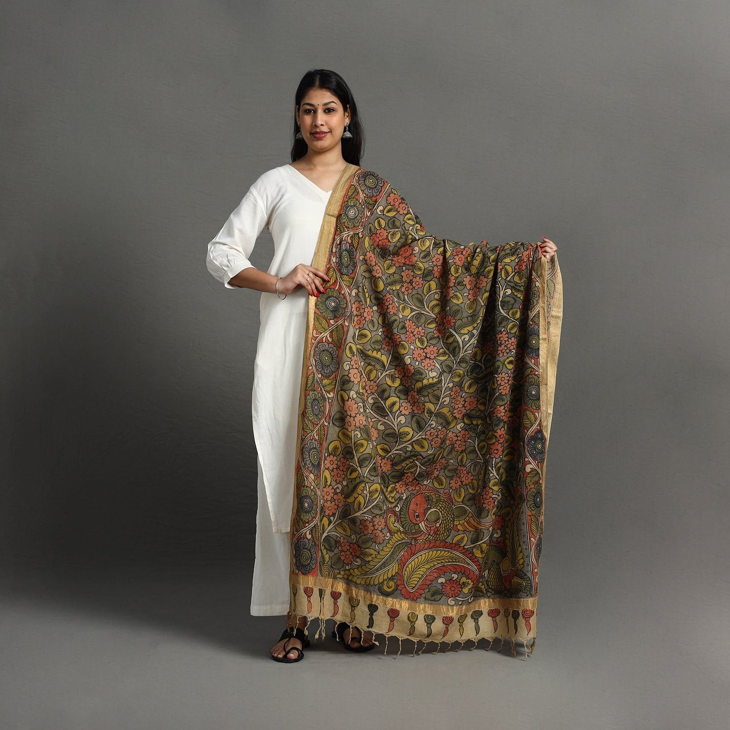 Grey - mangalagiri cotton handpainted pen work kalamkari