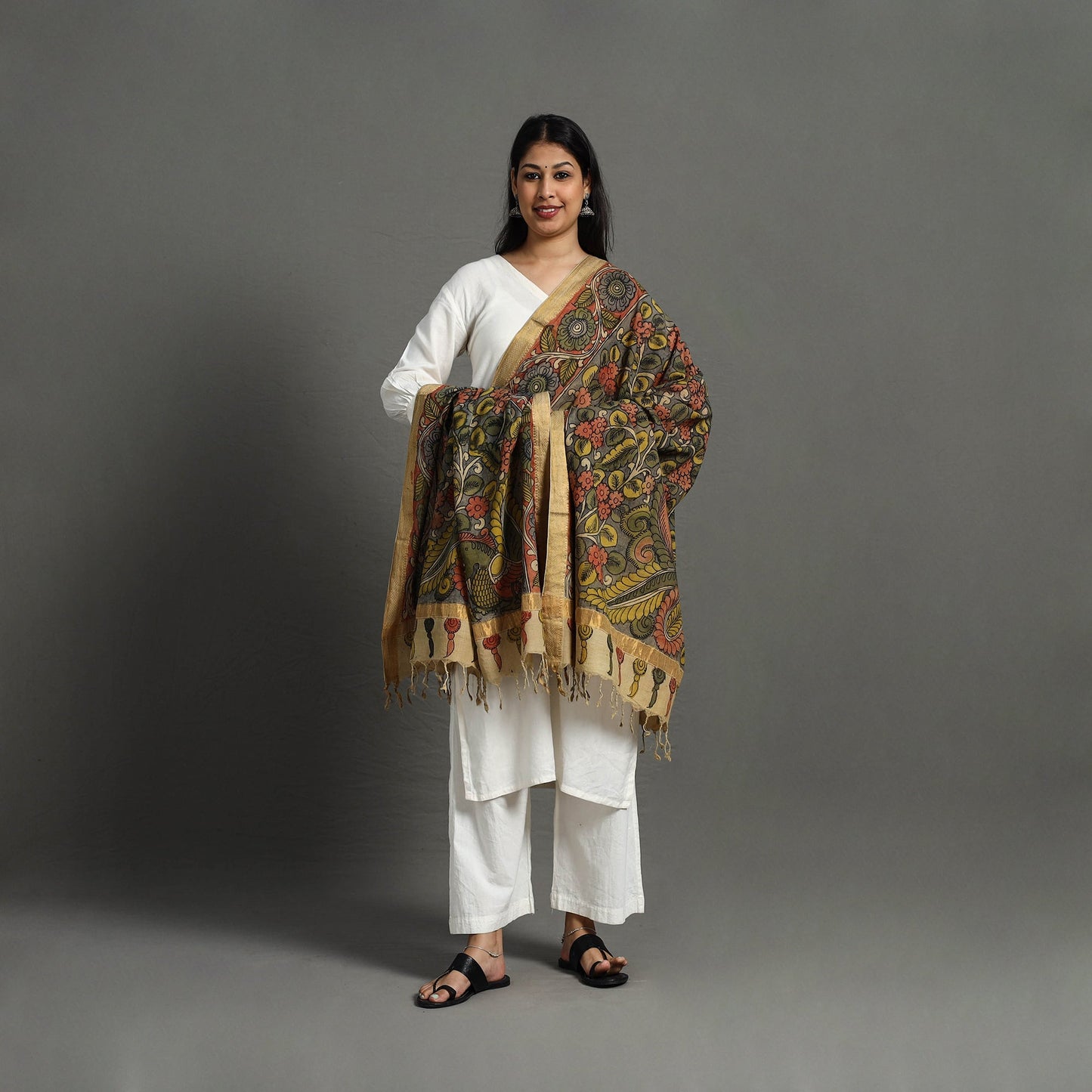 Grey - mangalagiri cotton handpainted pen work kalamkari