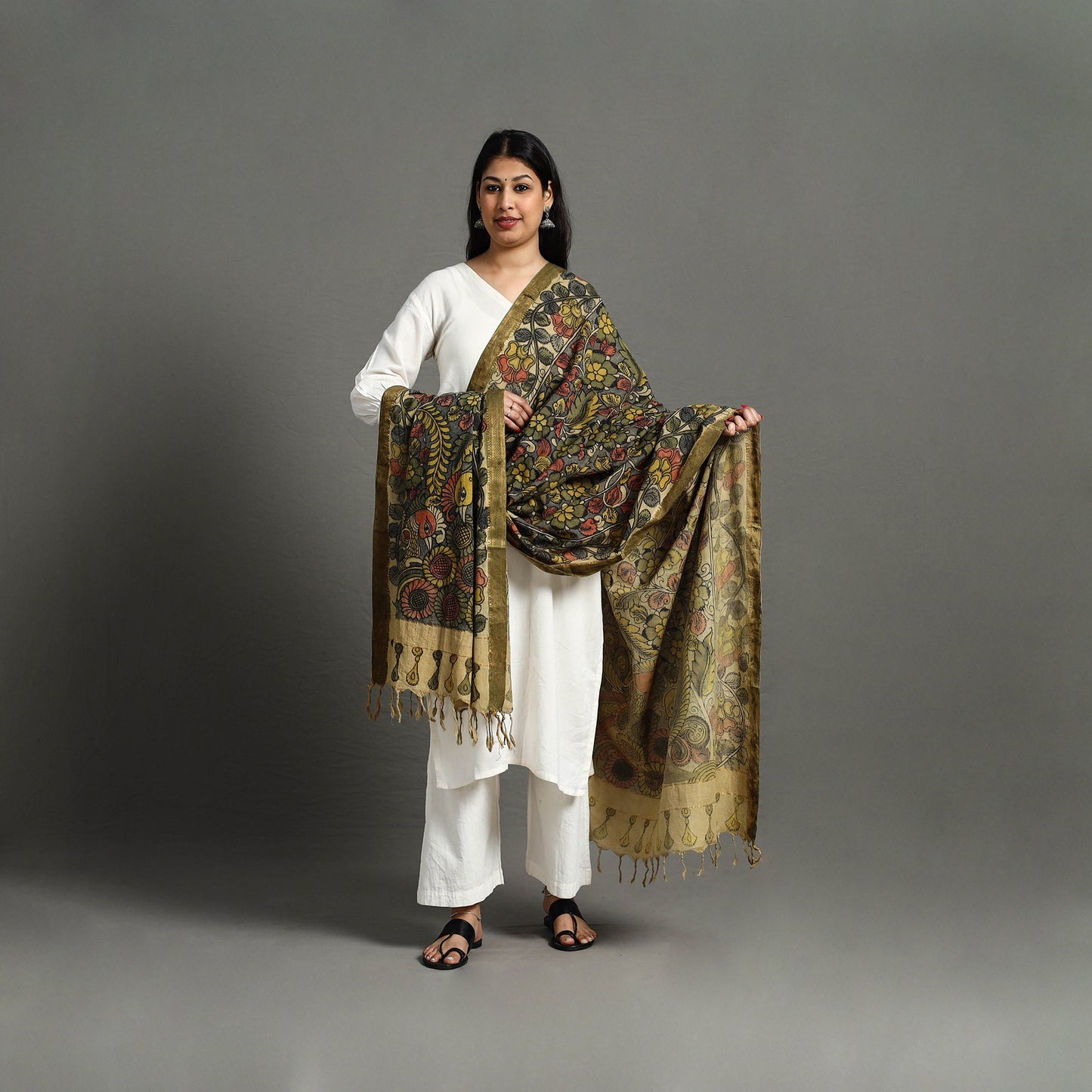 Grey - mangalagiri cotton handpainted pen work kalamkari