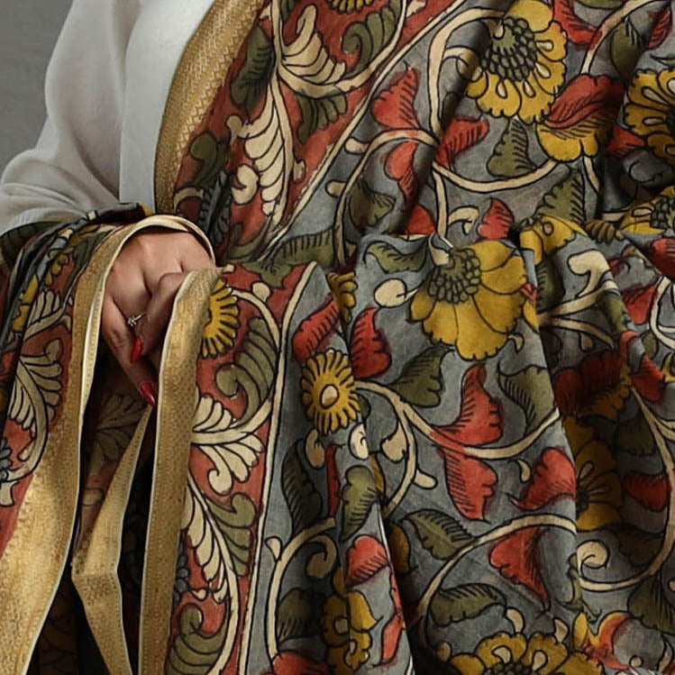 Grey - mangalagiri cotton handpainted pen work kalamkari