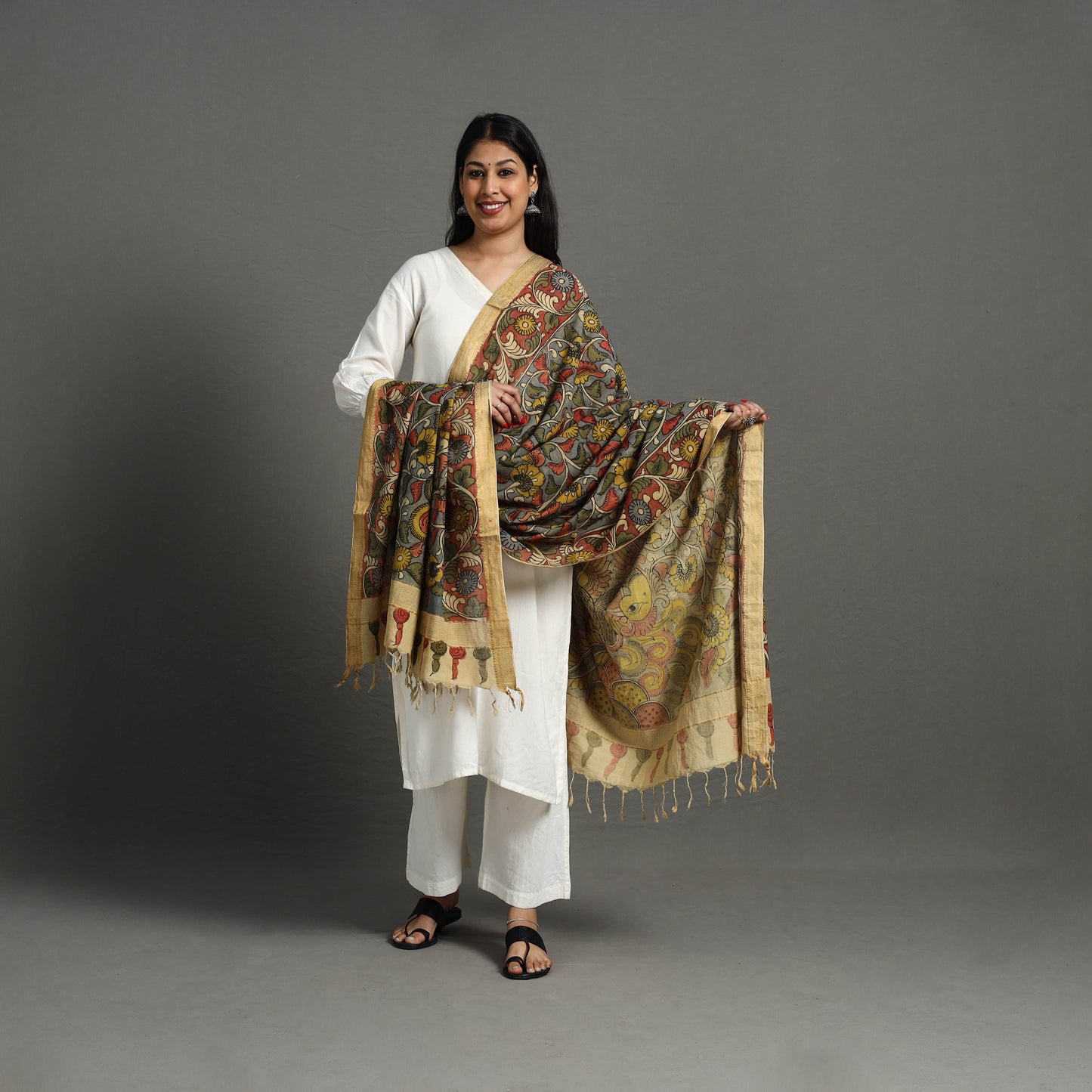 Grey - mangalagiri cotton handpainted pen work kalamkari