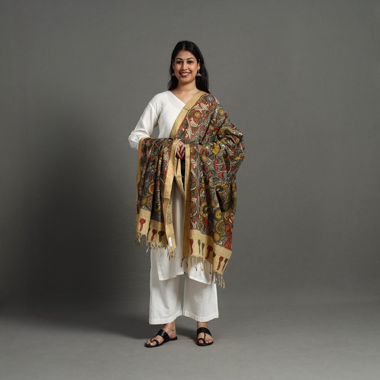 Grey - mangalagiri cotton handpainted pen work kalamkari