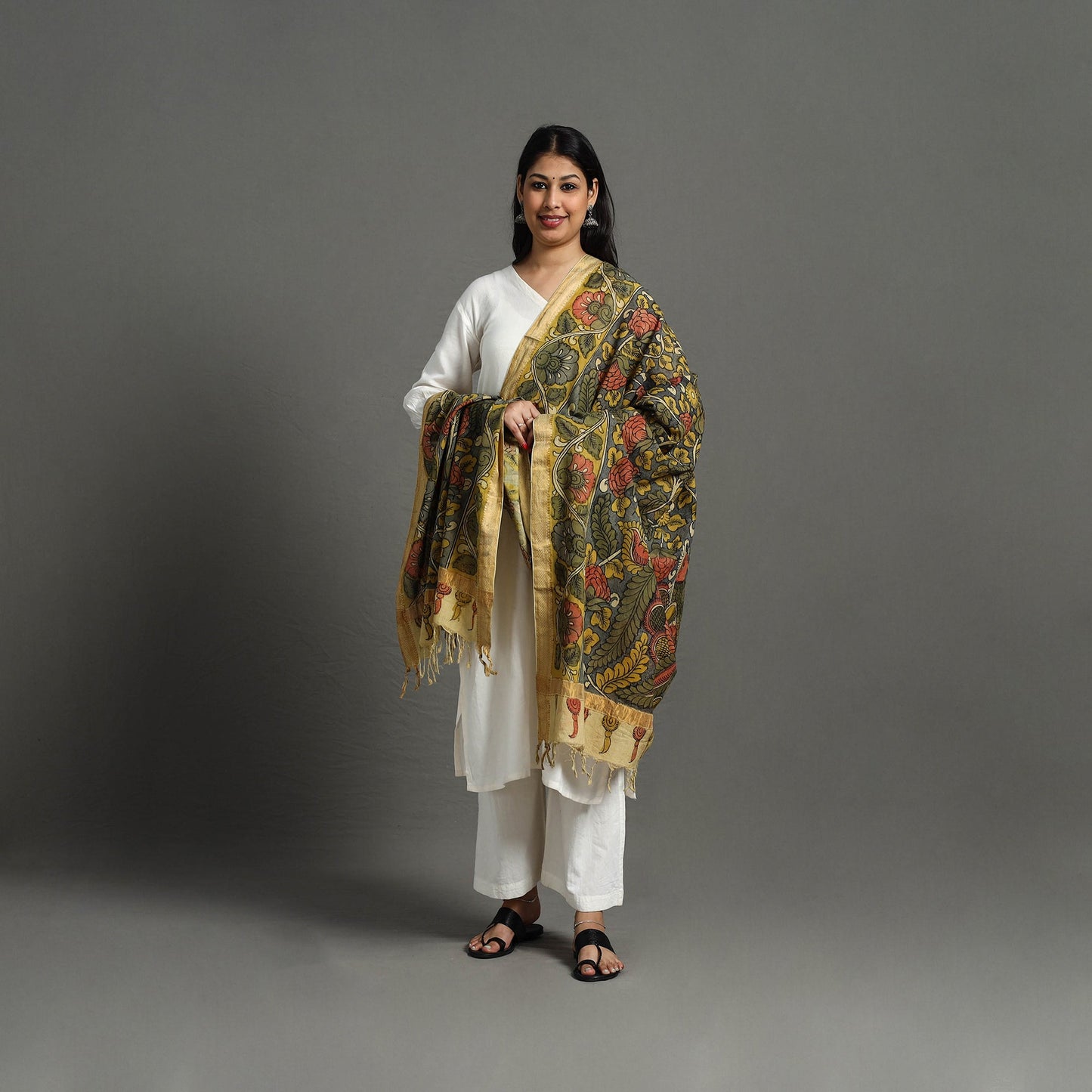 Grey - mangalagiri cotton handpainted pen work kalamkari