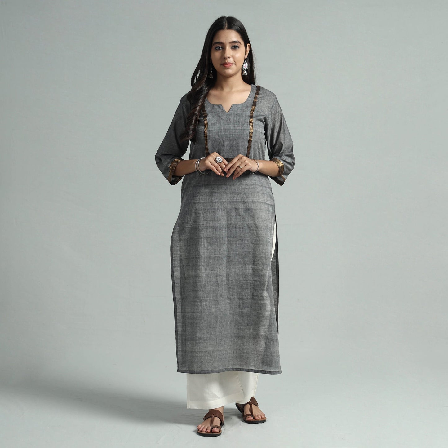Grey - mangalagiri handloom cotton kurta with palazzo &