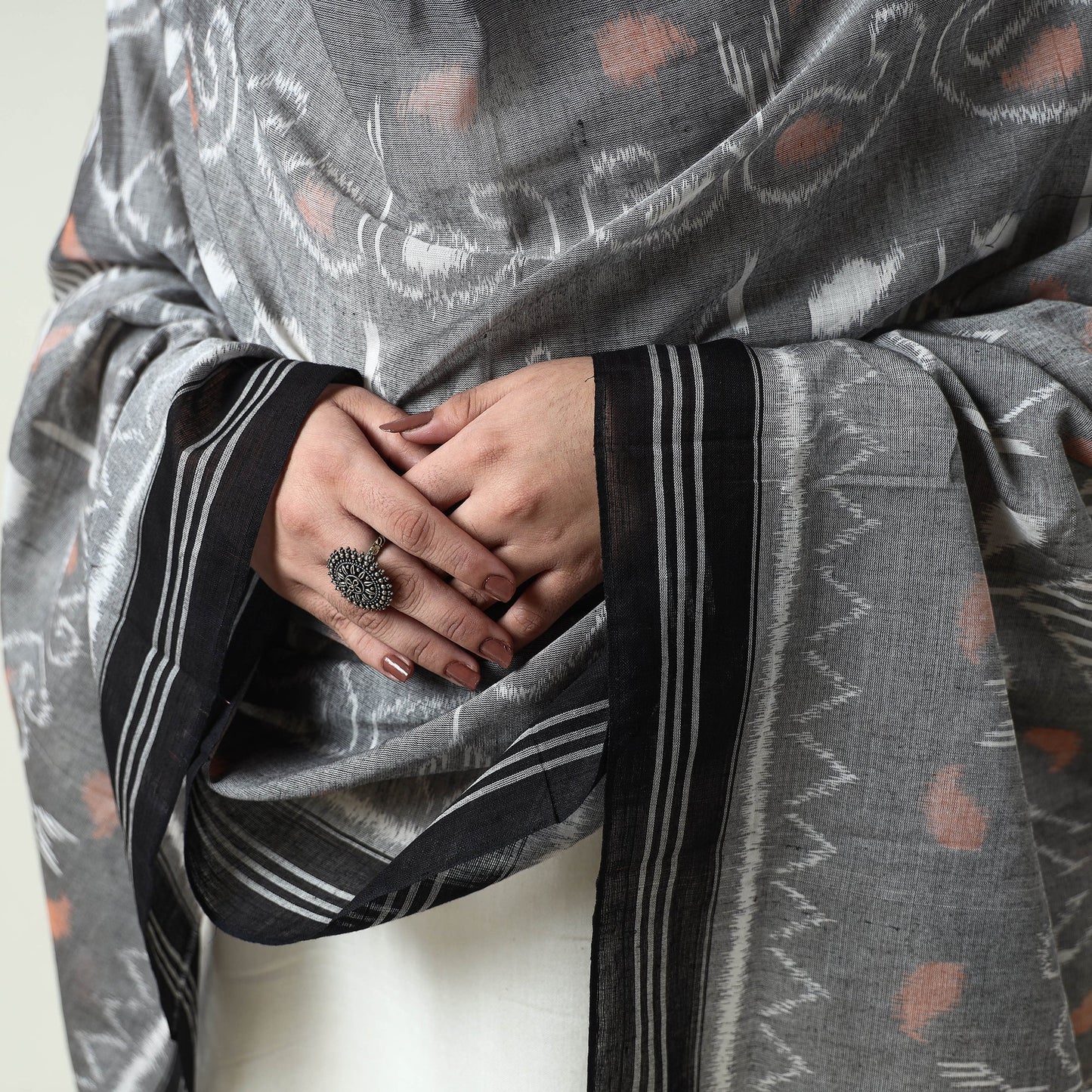  Maniabandha Ikat Weave Handloom Cotton Dupatta with Tassels 