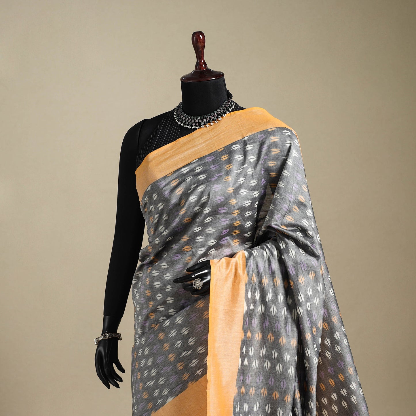 Grey - mercerised cotton handloom pochampally ikat saree 10